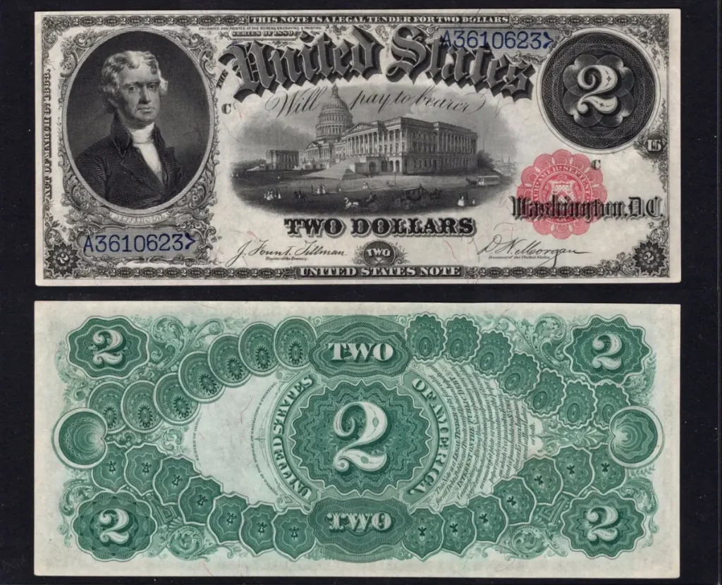 Obverse and reverse of the 1880 United States Note Dollar (Red/Blue Serial)