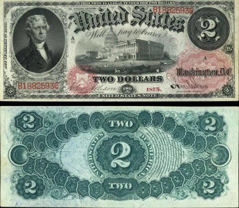 Obverse and reverse of the 1875B United States Note Dollar