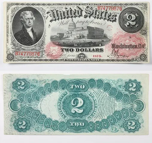 Obverse and reverse of the 1875 United States Note Dollar