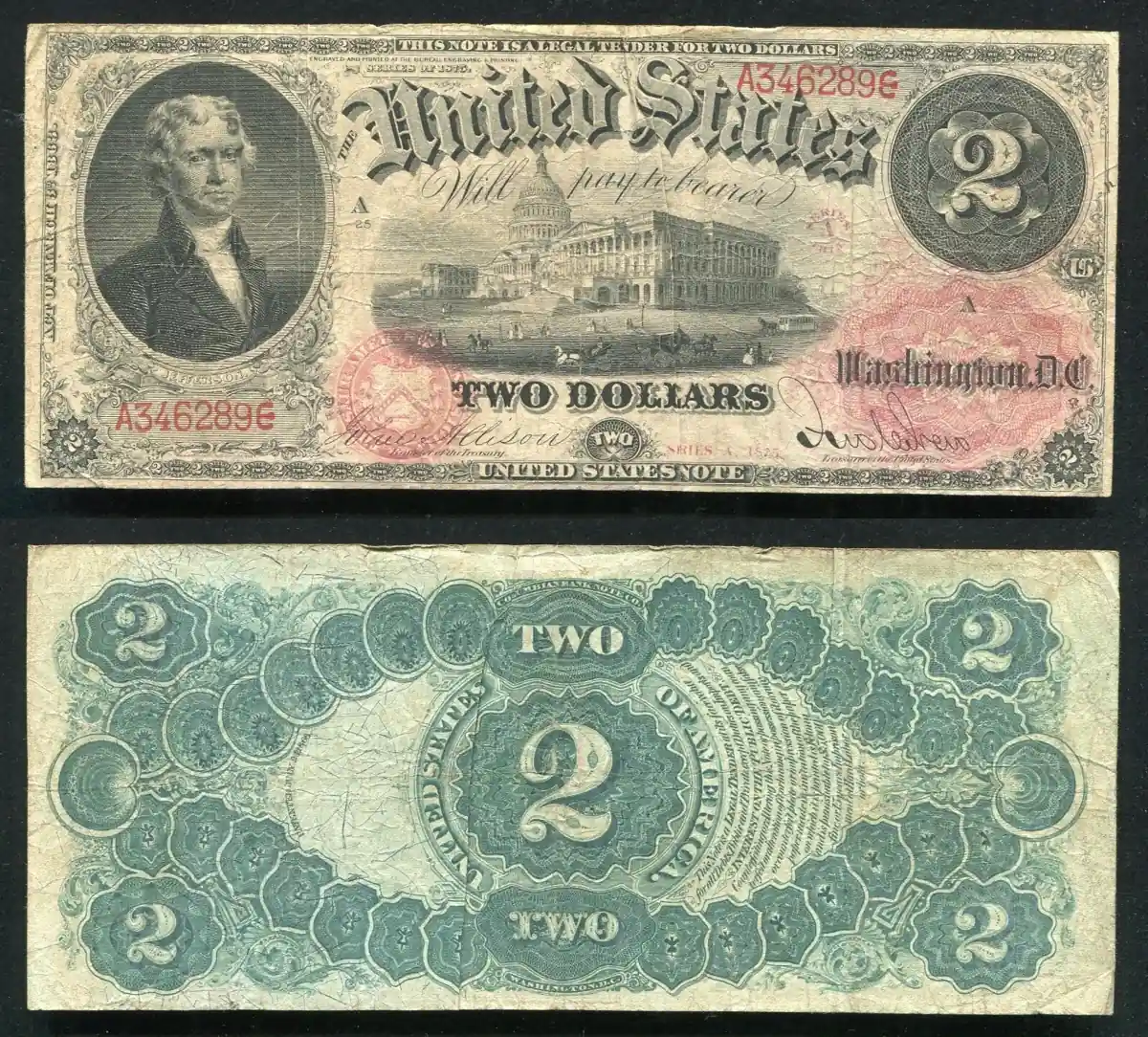 Obverse and reverse of the 1875A United States Note Dollar