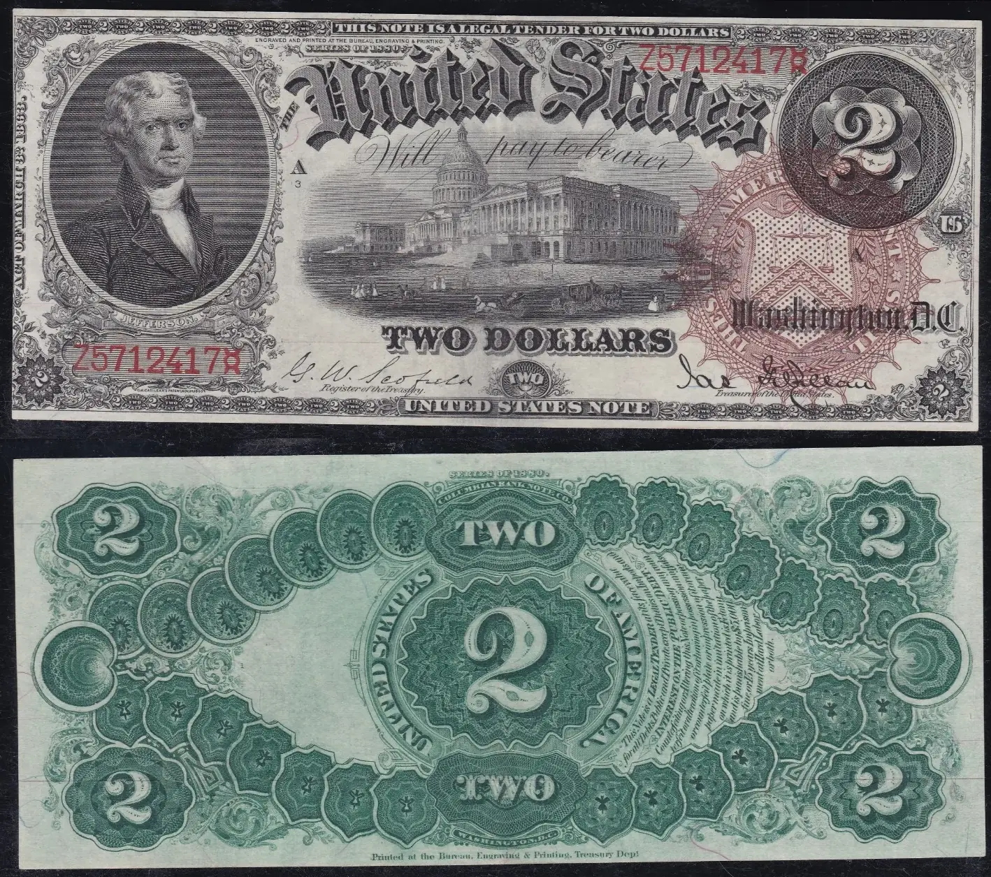 Obverse and reverse of the 1880 United States Note Dollar (Brown/Blue Serial)