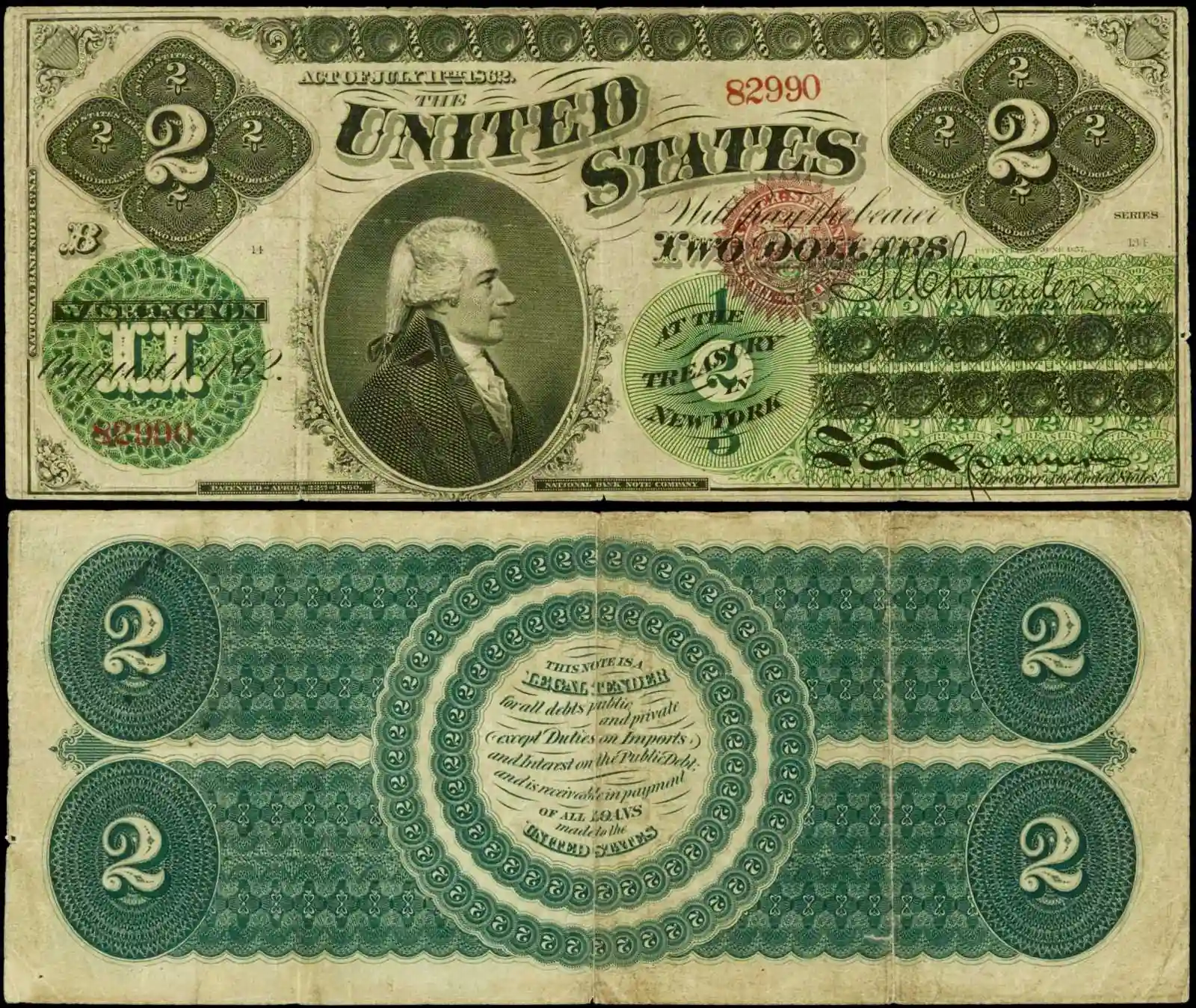 Obverse and reverse of the 1862 United States Note Dollar